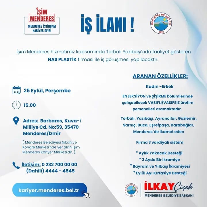 Menderes'te İş Fırsatı: NAS PLASTİK Vasıflı ve Vasıfsız Eleman Alımı Yapıyor
