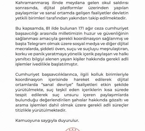 Kahramanmaraş saldırısı sonrası dijital içeriklere adli takip