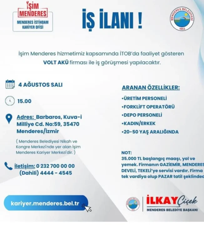 Menderes Belediyesi Volt Akü Firması İçin İş Görüşmesi Düzenliyor 1 Menderes Belediyesi Volt Akü Firması İçin İş Görüşmesi Düzenliyor